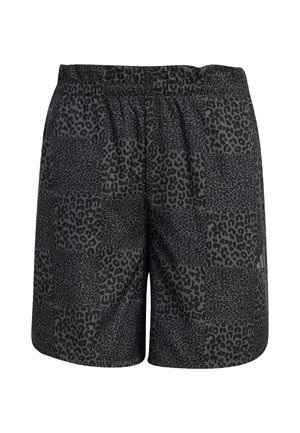 Grijze korte broek met luipaardprint, voorzien van een elastische tailleband, zachte textuur en een patchworkontwerp met luipaardvlekken in verschillende maten.