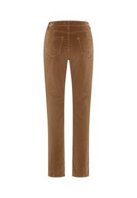 Pantalon en velours côtelé marron avec jambes droites, deux poches arrière, passants de ceinture et détails de couture visibles.