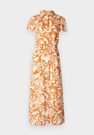 Robe à manches courtes en orange et beige avec un motif floral, dotée d'un col, de boutons et d'un détail de taille cintrée.