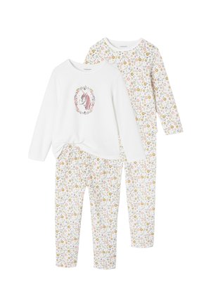 Zweiteiliges Pyjama aus weichem Stoff. Oberteil ist weiß mit einem Einhorn-Motiv; die Hose hat ein florales Muster in Pastellfarben auf einem weißen Hintergrund.