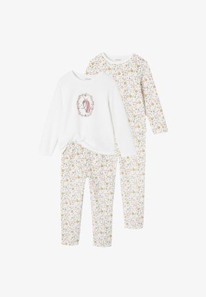 Zweiteiliges Pyjama aus weichem Stoff. Oberteil ist weiß mit einem Einhorn-Motiv; die Hose hat ein florales Muster in Pastellfarben auf einem weißen Hintergrund.