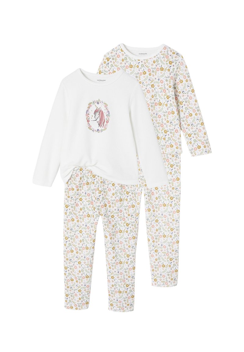 Two-piece pajamas made of soft fabric. Top is white with a unicorn print; pants feature a floral pattern in pastel colors on a white background.