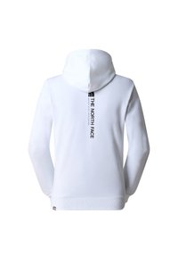 Sweat à capuche blanc avec capuche, montrant le dos avec le logo noir vertical The North Face et le texte centré entre les épaules.