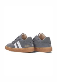 Gray suede shoes with white striped accents, rubber sole, and “Ltd. Edition” detail. Lace-up design with padded collar for comfort.