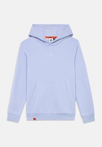 Fénylila kapucnis felső, elülső zsebbel, Adidas logóval a mellkason, Minecraft felirattal a gallér belső részén és egy kis narancssárga címkével az alján.