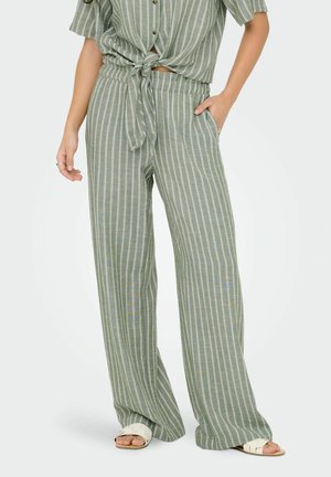 Pantalons larges à rayures vertes avec taille à cordon, fabriqués en tissu léger, dotés de poches latérales et d'une coupe décontractée.