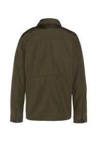 Langærmet jakke i mørkeolivengrøn med krave, knaplukning ved manchetter og synlige syninger, vist bagfra.