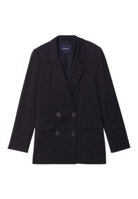 Blazer bleu marine à double boutonnage avec des revers en pointe. Comprend deux poches avant et des boutons dorés. Texture lisse et forme structurée.