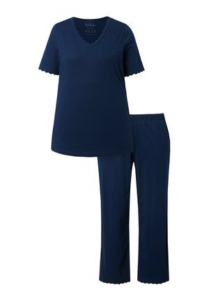 Top de manga corta azul marino con escote en V y bordes festoneados, combinado con pantalones rectos de cintura elástica a juego.