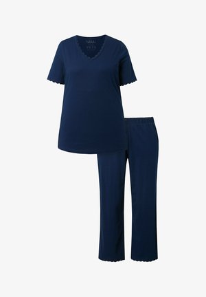 Top de manga corta azul marino con escote en V y bordes festoneados, combinado con pantalones rectos de cintura elástica a juego.