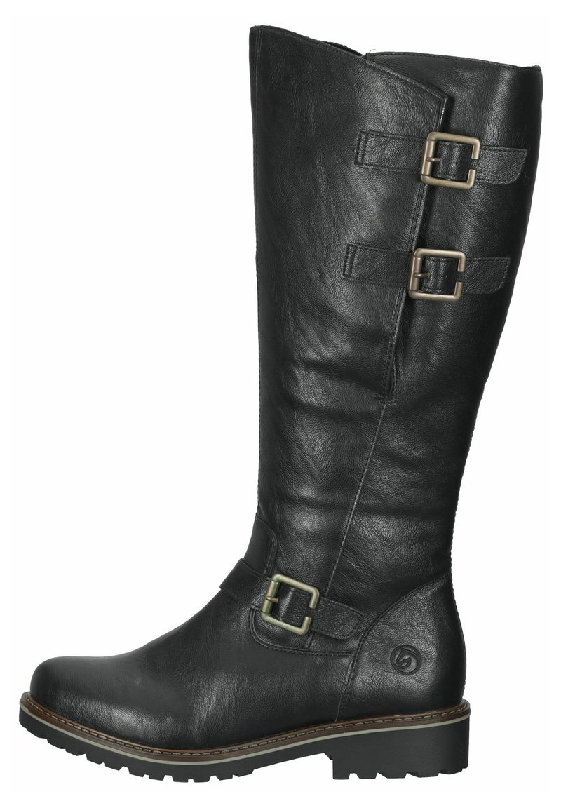 Bottes noires en cuir montantes, avec une finition texturée, deux boucles en métal et une semelle robuste dotée d'un motif cranté.