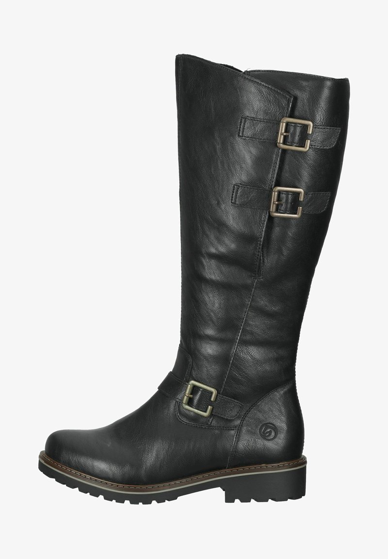 Czarne skórzane buty do kolan o teksturowanym wykończeniu, z dwiema metalowymi klamrami i solidną podeszwą z bieżnikiem.