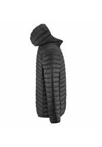 Giubbotto imbottito nero con design trapuntato, cappuccio e forma aerodinamica. Realizzato in materiale leggero per isolamento e comfort.
