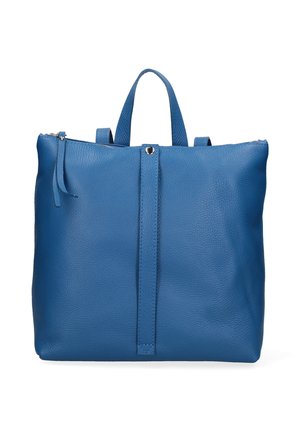 Blauwe leren handtas met bovenste handvat, ritssluiting en verticale riem met metalen drukknop aan de voorkant.