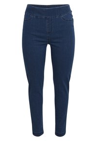 Pantalones de mezclilla en azul oscuro con una tela suave y elástica. Presenta una cintura alta y dos bolsillos delanteros falsos para un aspecto estilizado.