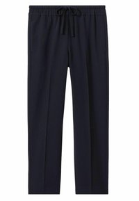 Mörkblå sweatpants gjorda av mjukt tyg, med elastisk midja med snörning, sidofickor och rak bendesign.