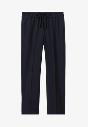 Pantaloni sportivi blu navy realizzati in tessuto morbido, dotati di vita elastica con cordino, tasche laterali e design a gamba dritta.