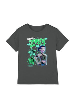 Dark gray t-shirt with neon green and blue graphic of animated female character Zoey and stars, with "Zoey" and "K-Pop Demon Hunters" text.