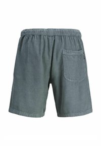 Pantaloni scurți verzi din catifea cu talie elastică, un singur buzunar pe spate și textură verticală în dungi. Lungime până la mijlocul coapsei.