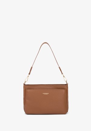 Borsa a tracolla in pelle marrone con una superficie liscia, dotata di una sola tracolla, hardware dorato e chiusura con zip. Design rettangolare semplice.