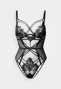 Μαύρο κορμάκι από δαντέλα με διάφανα πάνελ από διχτυωτό ύφασμα, διασταυρωμένες τιράντες, διακοσμητικά στοιχεία από λουλουδένια δαντέλα και κλείσιμο με γάντζο στη μέση.