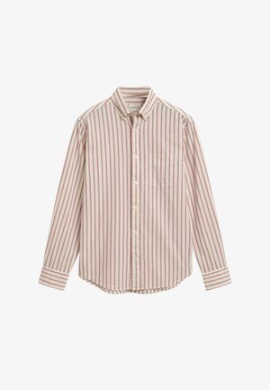 Striped shirt in cream and red, cotton fabric, button-down collar, long sleeves, chest pocket, and tailored fit with rounded hem.