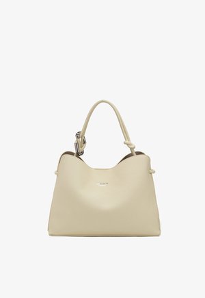 Beige weiche Ledertasche mit abgerundeten Kanten, einem einzelnen strukturierten Griff mit Metallring und dezentem Logotext in der Mitte vorne.