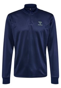 Felpa atletica blu navy a maniche lunghe con mezza zip, tessuto testurizzato, logo ricamato sul petto e polsini a costine.