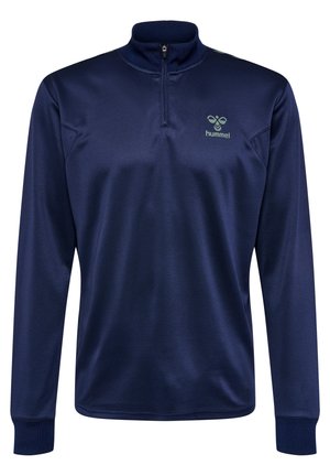 Marineblauer, langärmeliger Sportpullover mit halbem Reißverschluss, strukturiertem Stoff, gesticktem Logo auf der Brust und gerippten Bündchen.