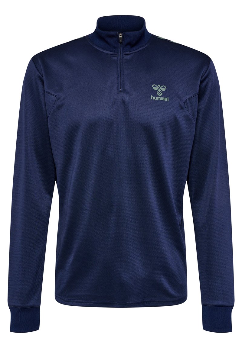 Felpa atletica blu navy a maniche lunghe con mezza zip, tessuto testurizzato, logo ricamato sul petto e polsini a costine.