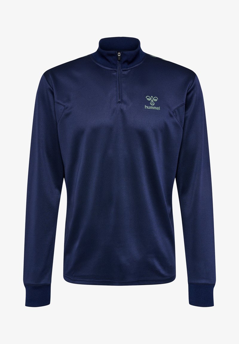 Felpa atletica blu navy a maniche lunghe con mezza zip, tessuto testurizzato, logo ricamato sul petto e polsini a costine.