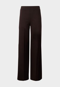 Schwarze weit geschnittene Hose mit elastischem Bund, hergestellt aus einem glatten, dehnbarem Material. Hat ein sauberes Design ohne Muster.