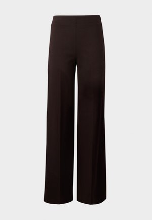Pantalons larges noirs avec une taille élastique, fabriqués à partir d'un tissu lisse et extensible. Présente un design épuré sans motifs.