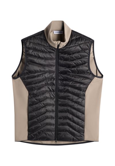 Gilet senza maniche con parte frontale trapuntata nera, lati e colletto in tessuto beige morbido, e cerniera centrale frontale.