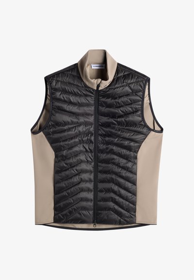 Gilet senza maniche con parte frontale trapuntata nera, lati e colletto in tessuto beige morbido, e cerniera centrale frontale.