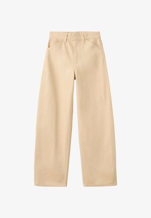 Béžové široké kalhoty s poutky na opasek, předními kapsami a čistým, jednoduchým designem položené na bílém pozadí.