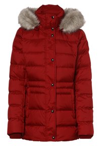 Manteau d'hiver rouge matelassé avec boutons-pression à l'avant, poches latérales, col montant et bordure en fausse fourrure grise sur la capuche.