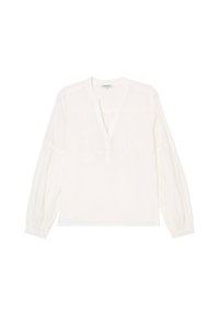 Blusa bianca con maniche lunghe e leggermente a sbuffo, scollatura a V profonda e delicati ricami floreali sul davanti, realizzata in tessuto leggero.