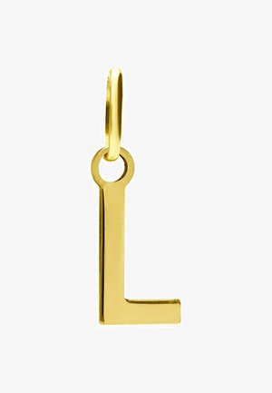 Pendentif lettre « L » en or avec une finition polie, présentant un design simple et angulaire ainsi qu'une boucle circulaire pour l'attacher.