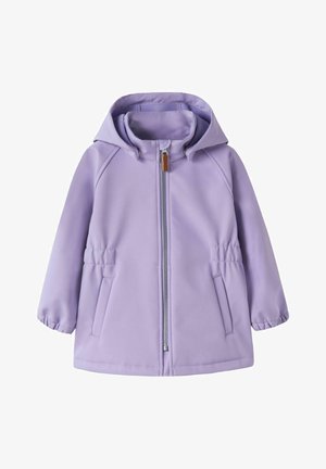 Fliederfarbene Kinder-Kapuzenjacke mit Frontreißverschluss, elastischen Bündchen, Taillenraffungen und Seitentaschen, entworfen für kühles Wetter.