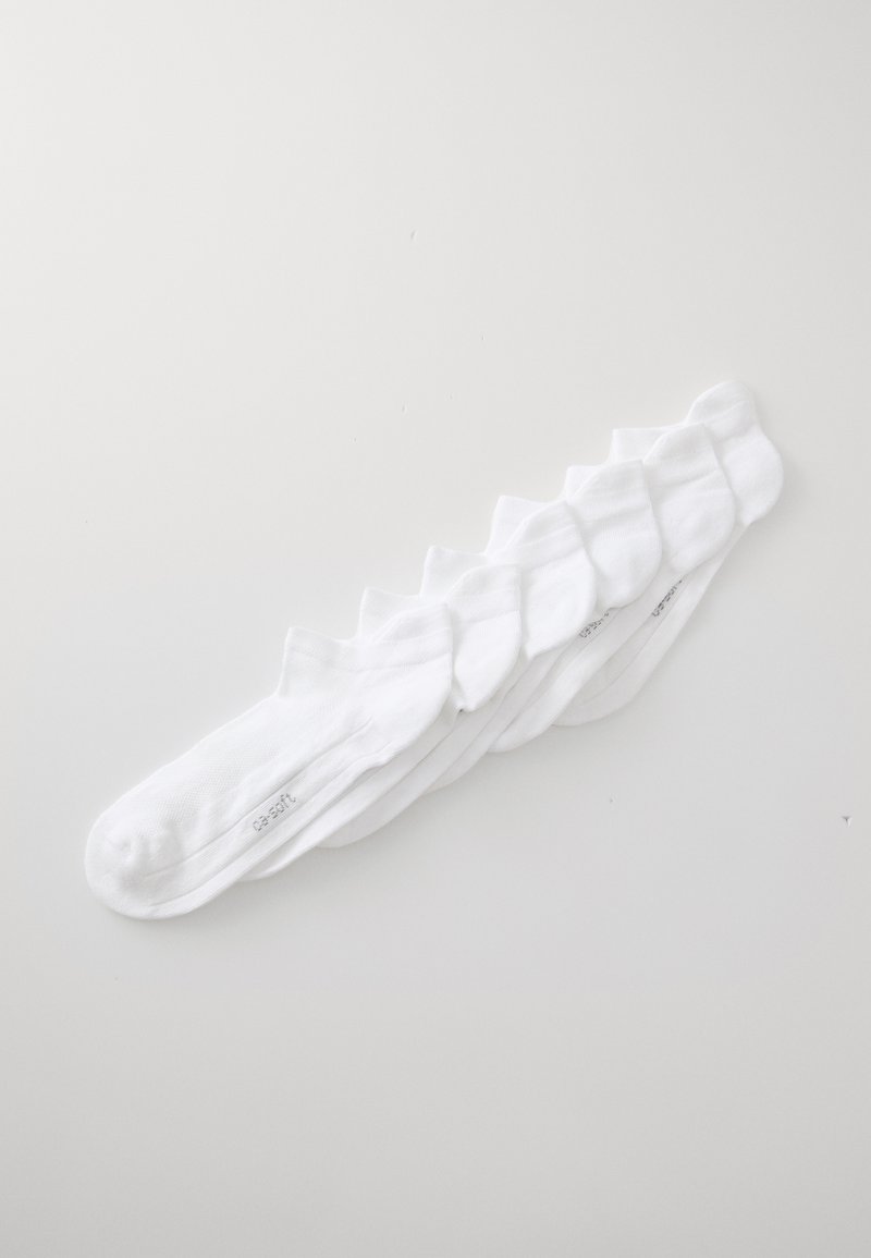 Conjunto de calcetines de algodón blanco, con un largo hasta la pantorrilla, puños acanalados y una textura suave. Cada calcetín muestra un logo sutil cerca del dedo del pie.