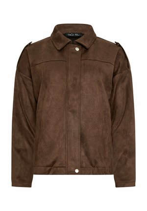 Chaqueta marrón de ante sintético con cierre de botones a presión, cuello estructurado y mangas largas con hombreras.