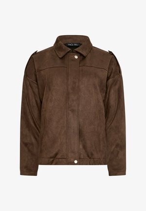 Braune Jacke aus Kunstwildleder mit Druckknopfverschluss, strukturiertem Kragen und langen Ärmeln mit Schulterklappen.