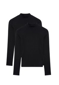 Dwa czarne golfy z długim rękawem, wykonane z gładkiego, elastycznego materiału o dopasowanym kroju i prążkowanej teksturze wokół dekoltu.