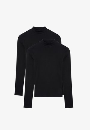 Dwa czarne golfy z długim rękawem, wykonane z gładkiego, elastycznego materiału o dopasowanym kroju i prążkowanej teksturze wokół dekoltu.