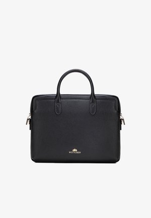 Zwarte leren aktetas met dubbele handvatten, ritssluitingen aan de zijkanten en een gouden Wittchen-logo centraal op het voorpaneel.