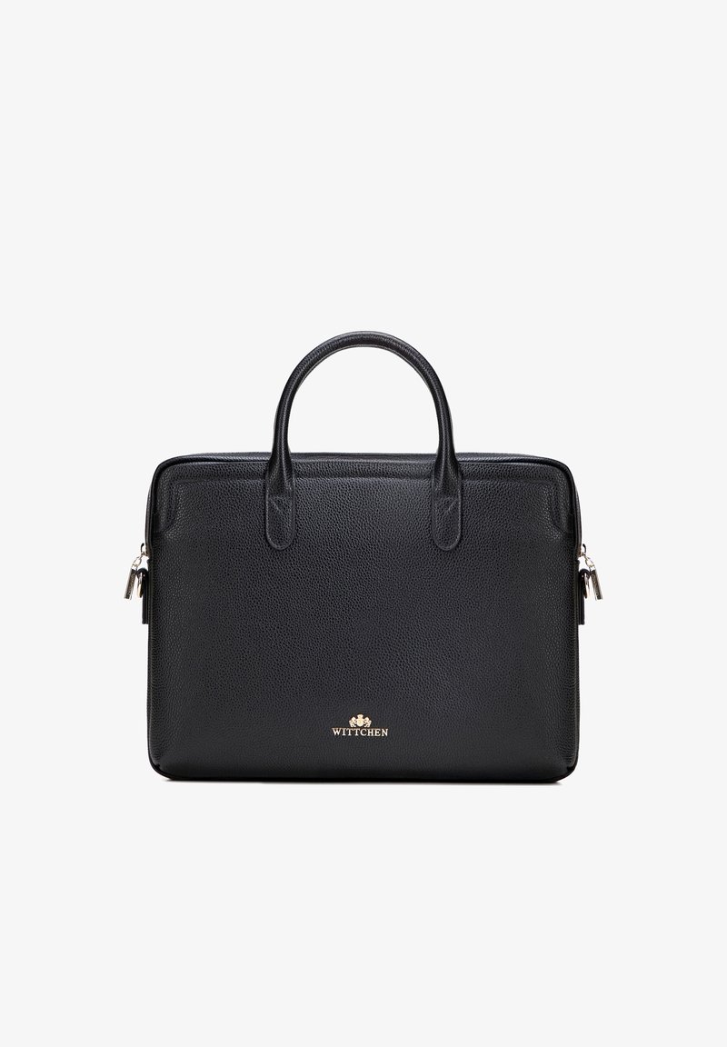 Czarny skórzany aktówka z podwójnymi uchwytami, zamkami błyskawicznymi po bokach oraz złotym logo Wittchen umieszczonym na środku przedniego panelu.