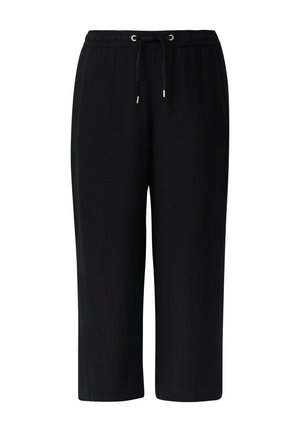 Czarne krótkie spodnie wykonane z miękkiego materiału. Posiadają elastyczny pasek w talii z sznurkiem ściągającym oraz metalowe akcenty na końcach sznurków.