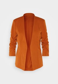 Blazer v rezavě oranžové barvě s hladkou texturou, dlouhými rukávy a nahrnutými detaily. Otevřený přední design odhaluje nevyložený interiér.