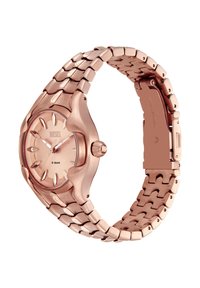 Herrenarmbanduhr in Roségold mit einem eleganten, runden Gehäuse, strukturiertem Armband, kreisförmigem Zifferblatt, auffälligen Stundenmarkierungen und einer Krone an der Seite.